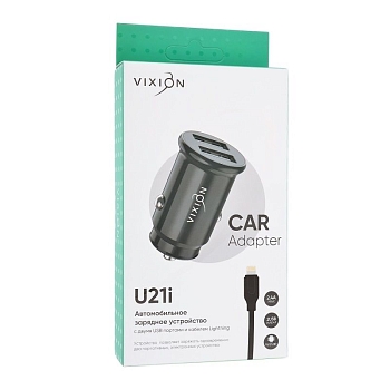 Автомобильное зарядное устройство U21i (2-USB/2.4A) + Lightning кабель кабель, 1м короткий блок, черный (Vixion)